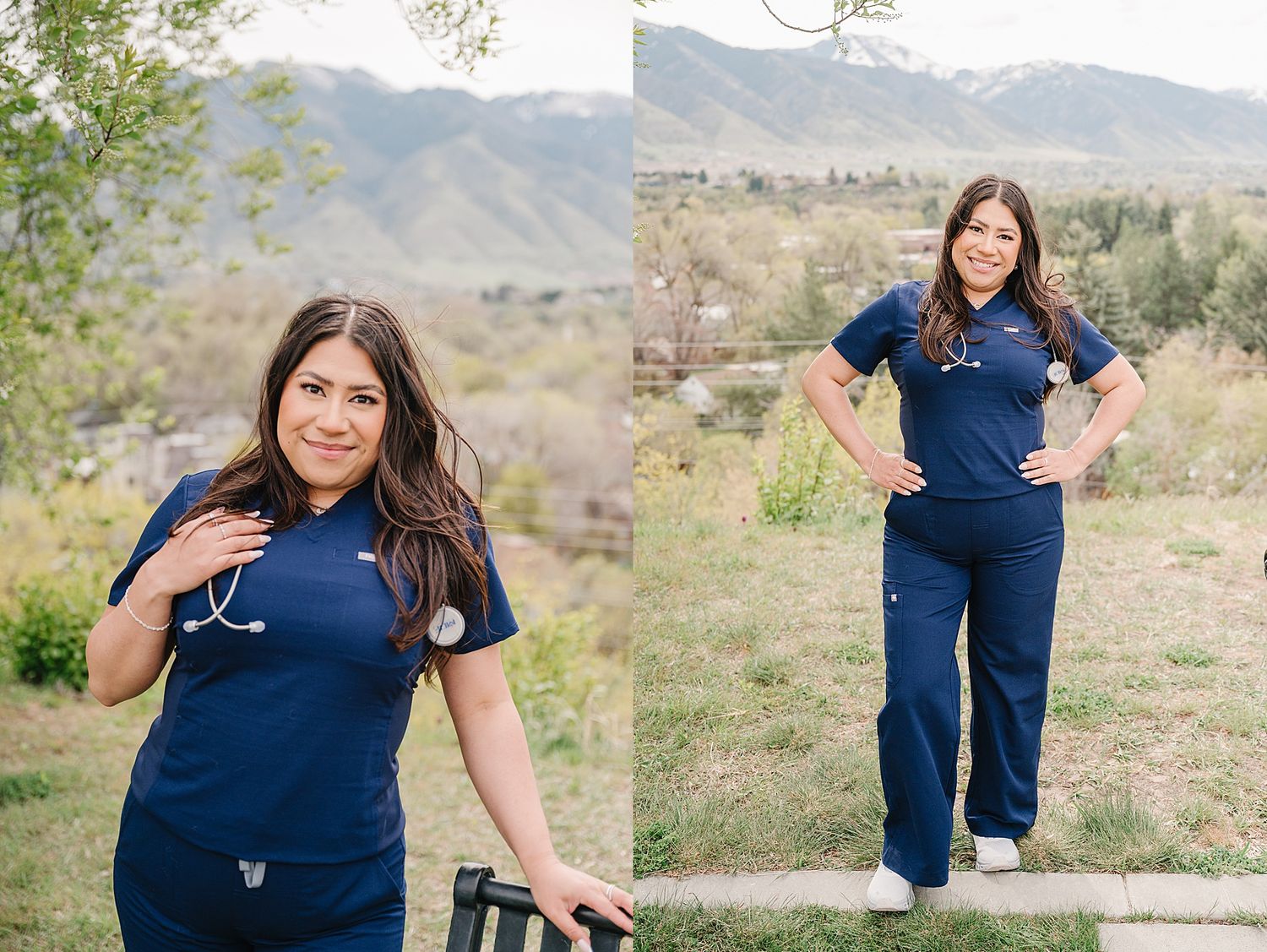 Healthcare worker in navy blue scrubs stands in outdoor setting with mountains and desert landscape in background.