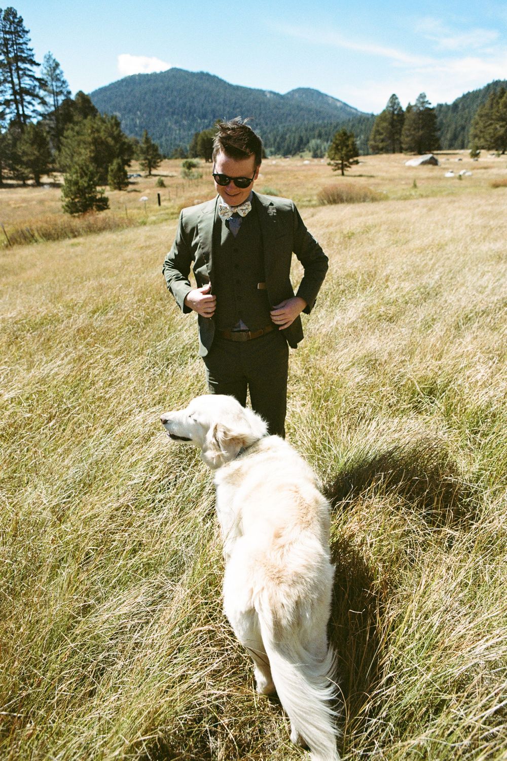 Person in formal wear standing in a golden meadow with a white dog.