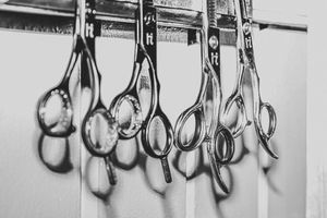 Several professional hairdressing scissors hanging in a row casting shadows in a black and white photograph.
