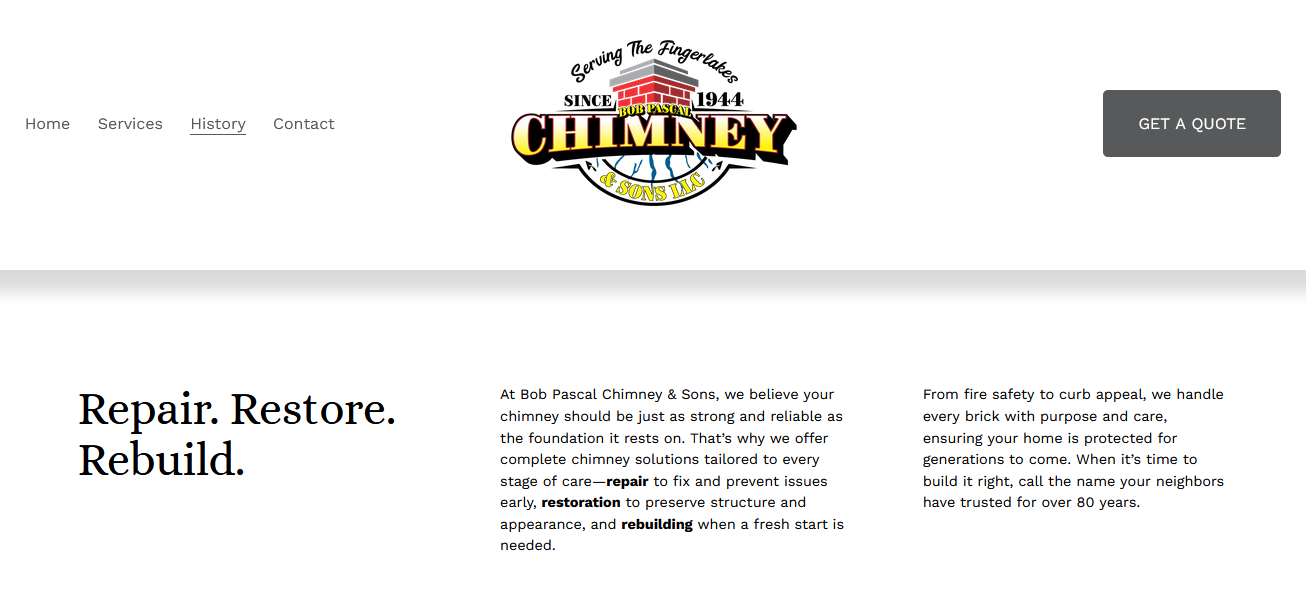 Black and red Smoky Mountain Chimney Specialists logo on white header of website with navigation menu.