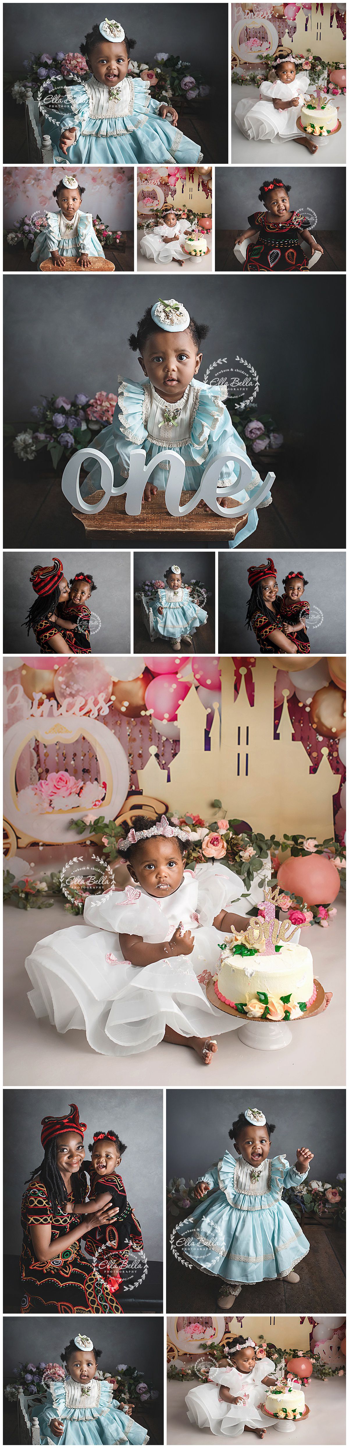Professional portrait collage featuring festive first birthday celebration with pink floral decorations and elegant cake setup.