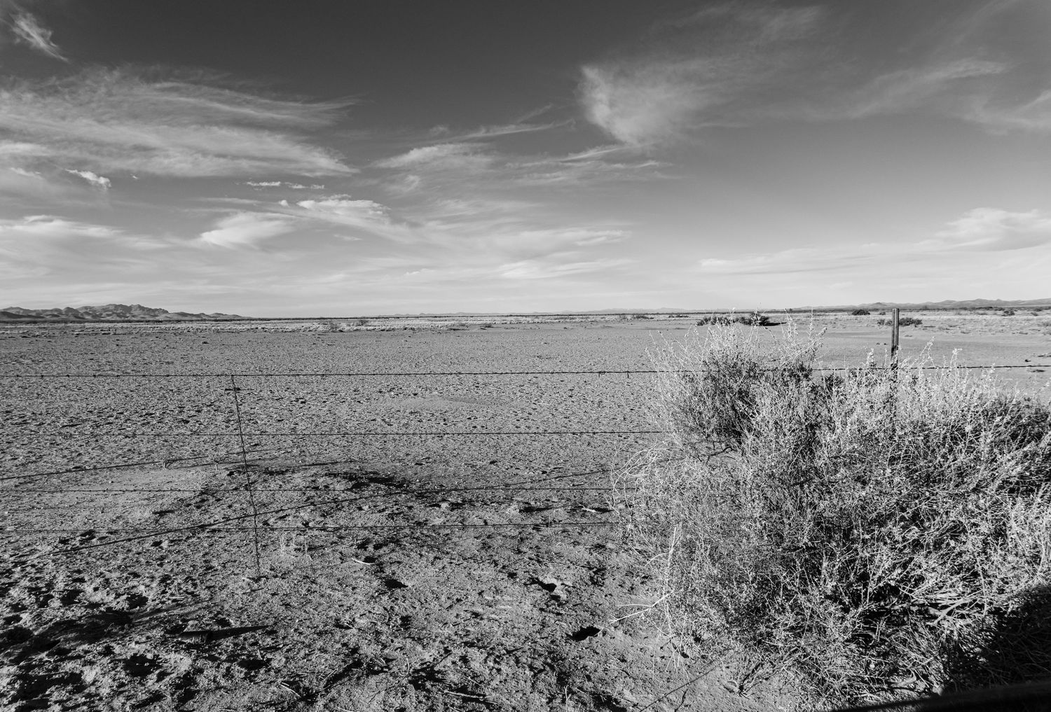 Wide desert panorama with scrubland stretching to distant mountains under cloudy sky.