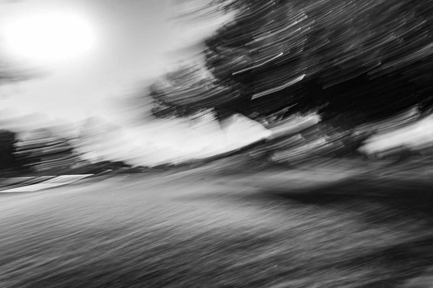 Dynamic black and white motion blur capturing speed and movement across a landscape.