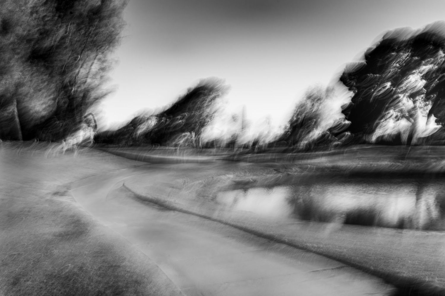 Dreamy monochrome landscape with curved path and blurred trees along water's edge.