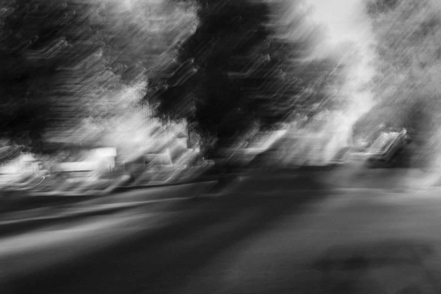 Abstract black and white landscape with motion blur effect creating a dreamy atmospheric scene.