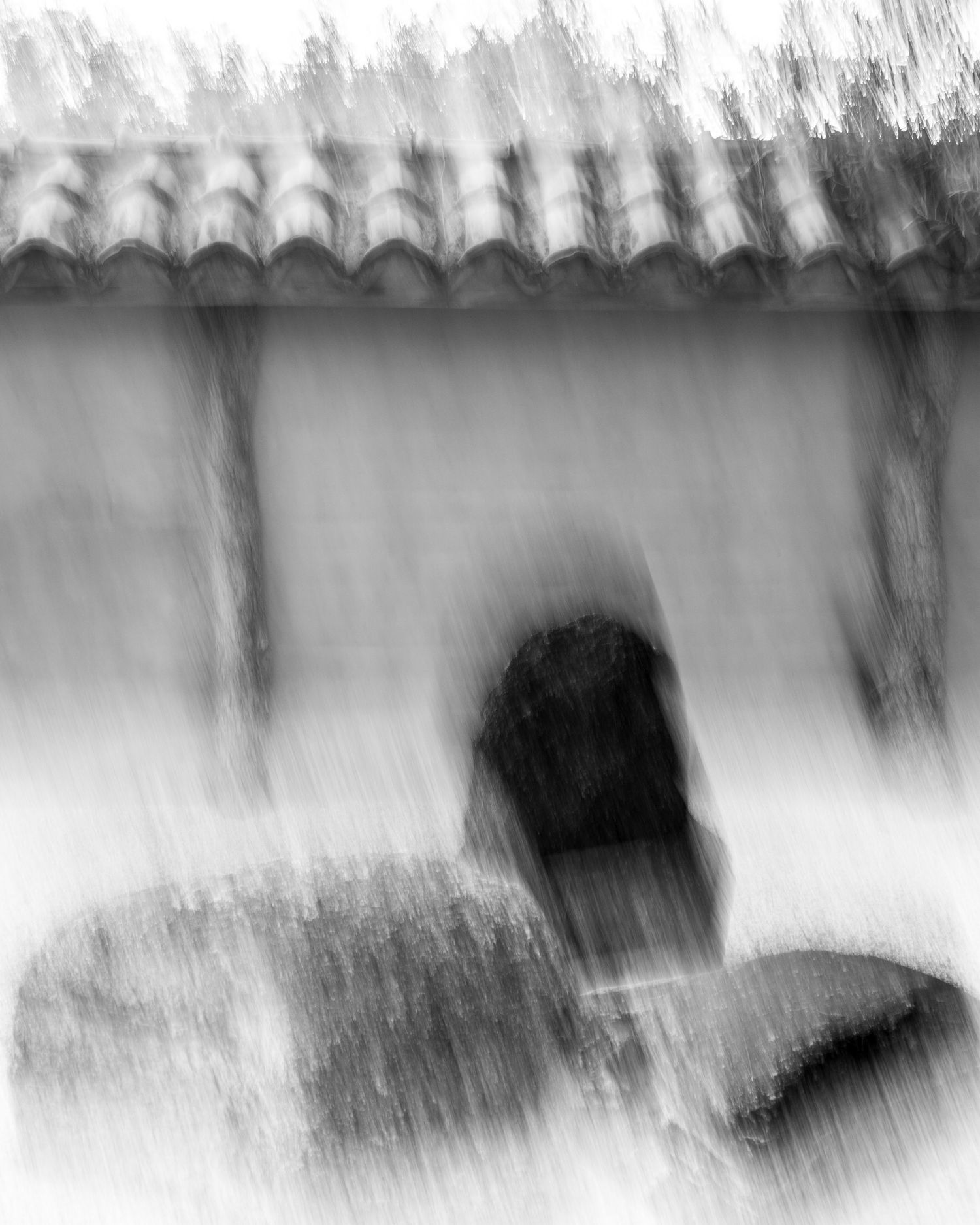 Monochromatic abstract composition with blurred horizontal lines and geometric shapes.