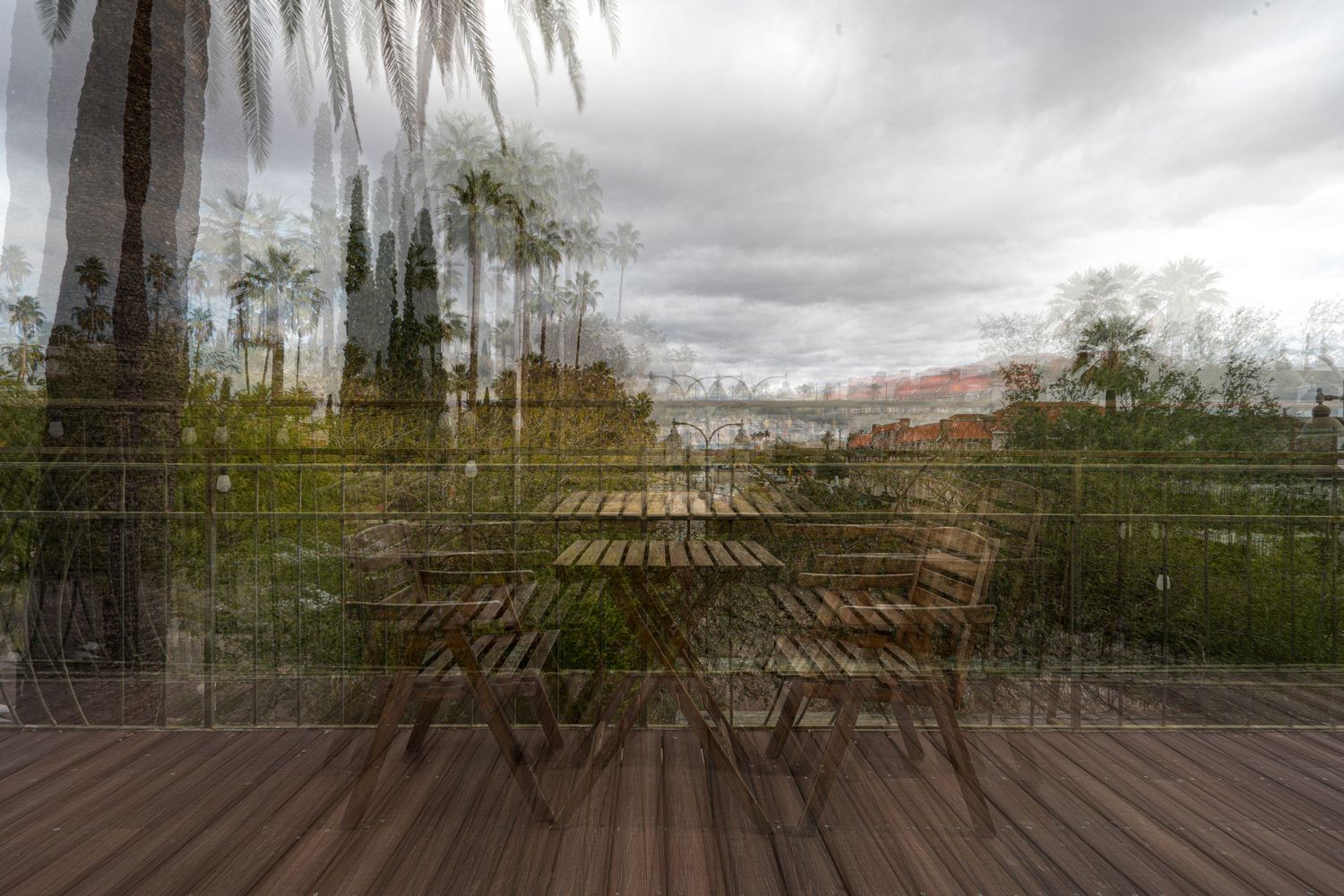 Panoramic landscape view with palm trees and cloudy sky over suburban area.