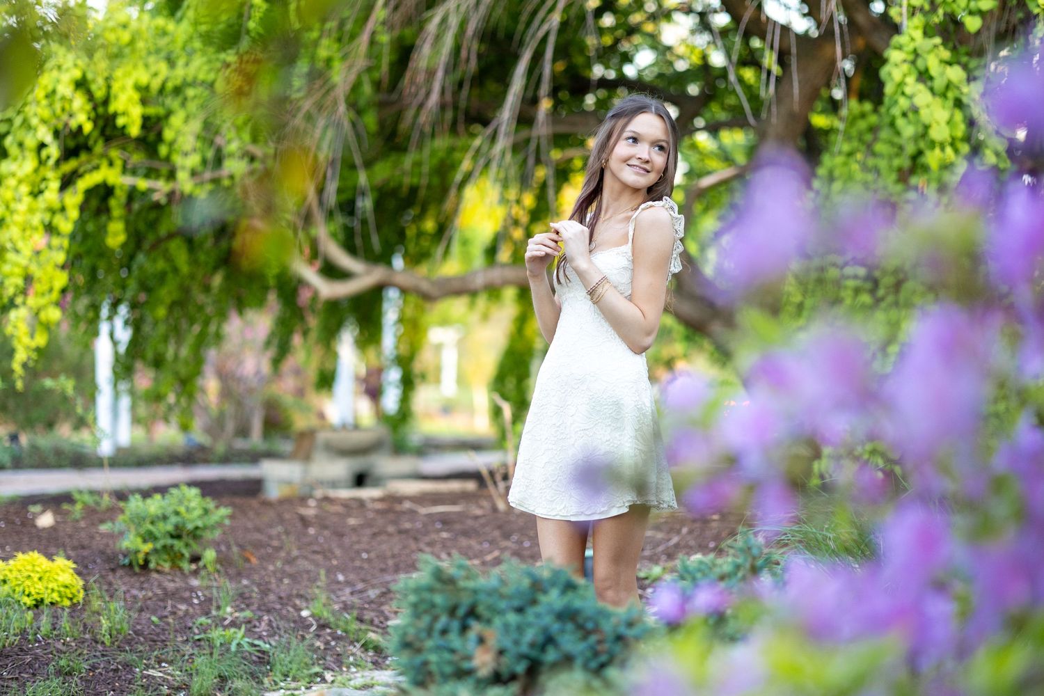 Springfield, IL senior photographer captures a senior around purple and colorful flowers during a session in Central, IL