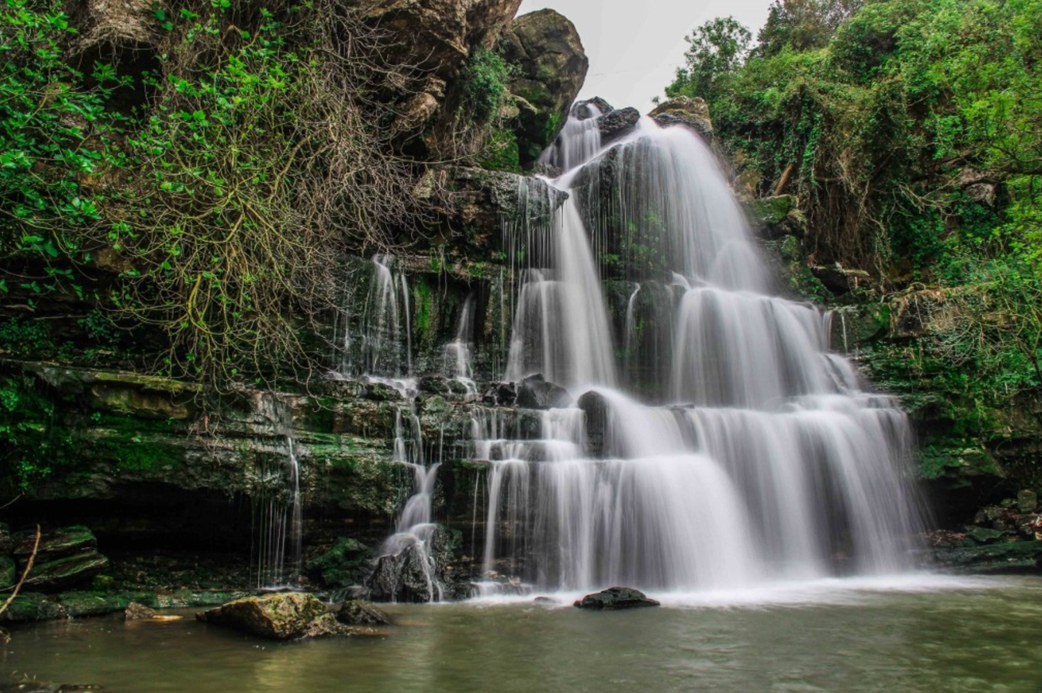 Multiple waterfalls flowing over moss-covered rocks in a verdant forest landscape.