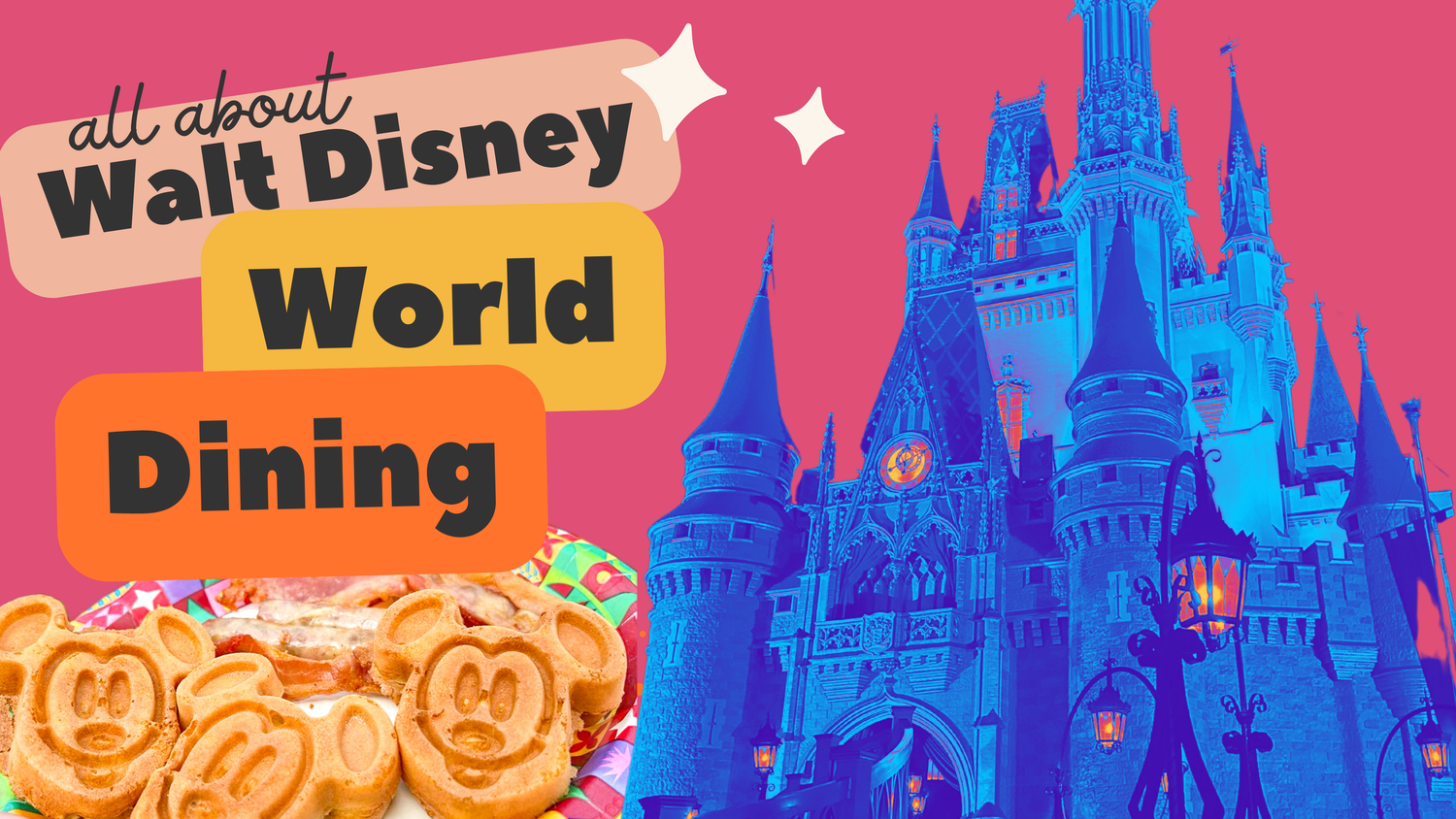 Disney World themed banner with castle icons and text overlays in bright colors.
