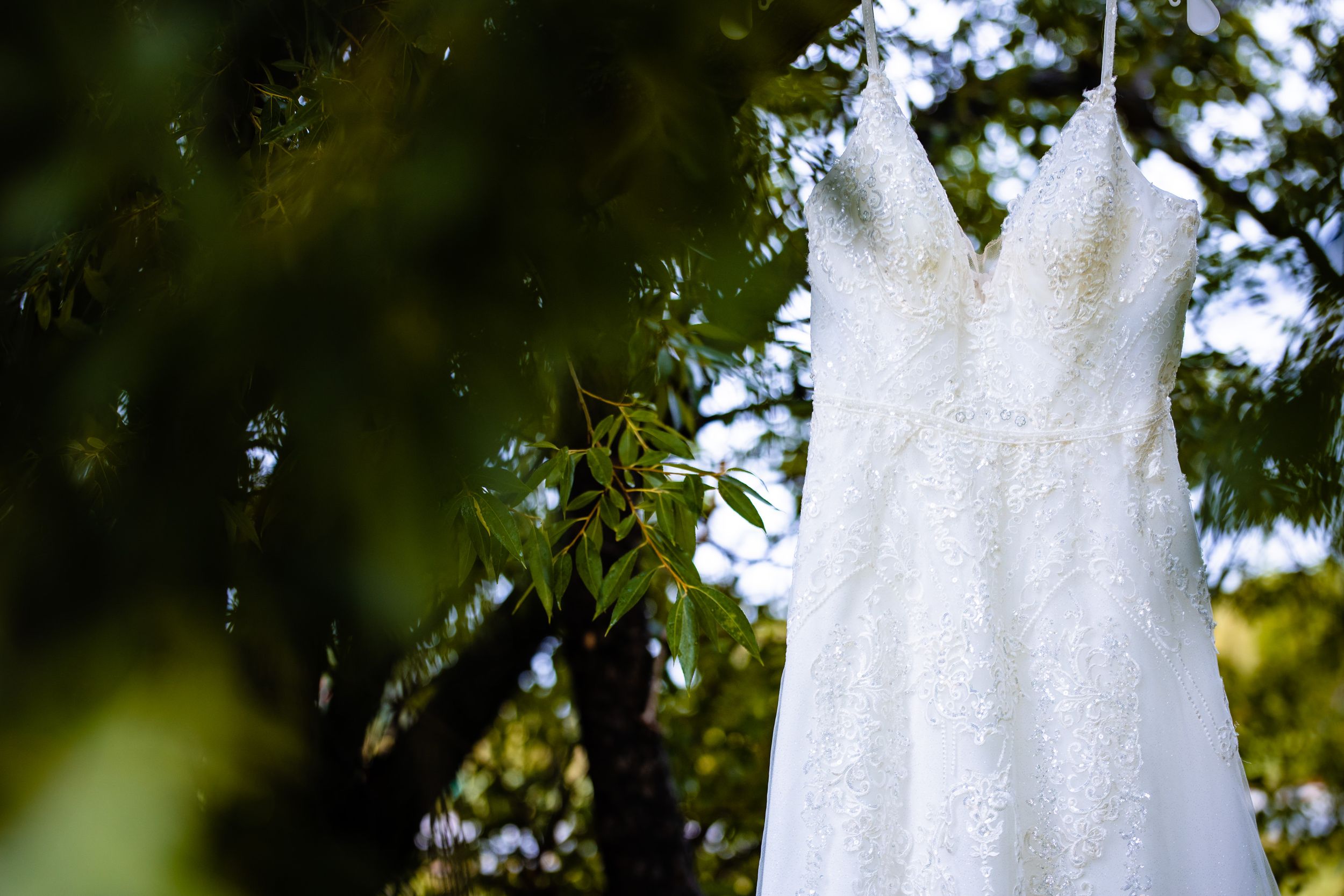 White lace wedding dress hanging outdoors against green foliage background.