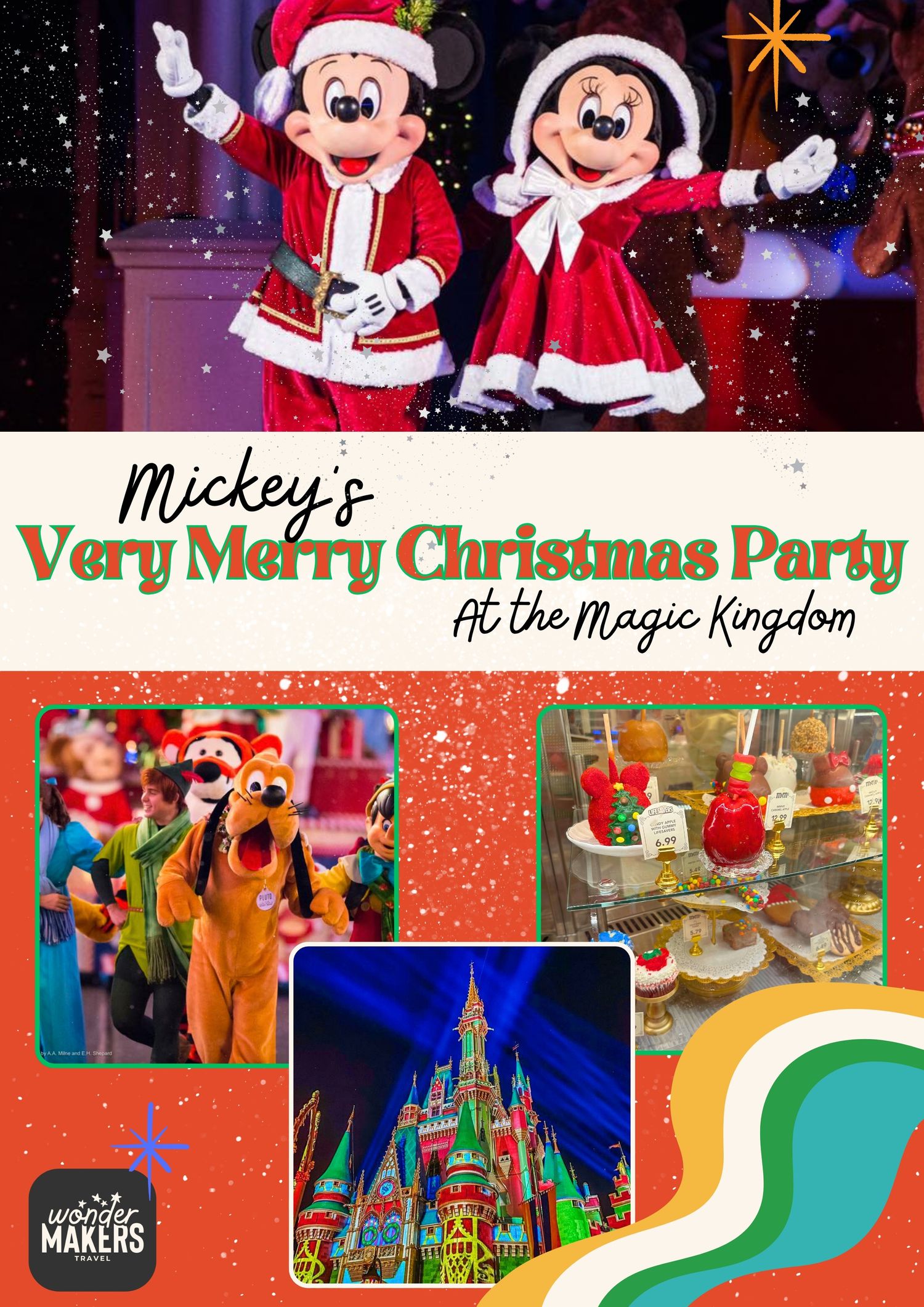 Disney Christmas party promotional image showing castle lights and holiday decorations.