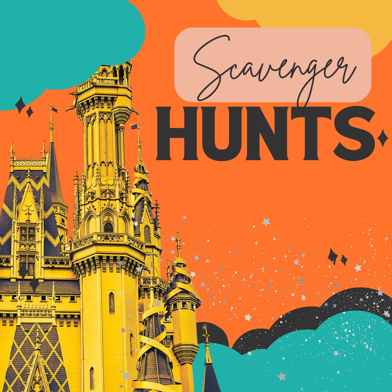Stylized illustration of Disney castle towers against sunset-colored gradient background.