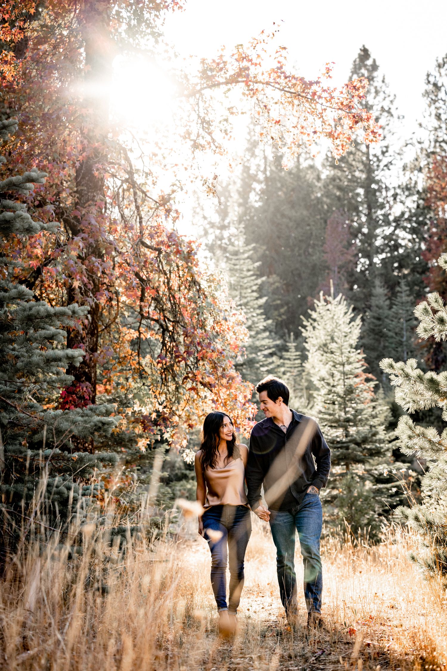 Couple walking hand-in-hand through a sunlit autumn forest with vibrant orange and red foliage.