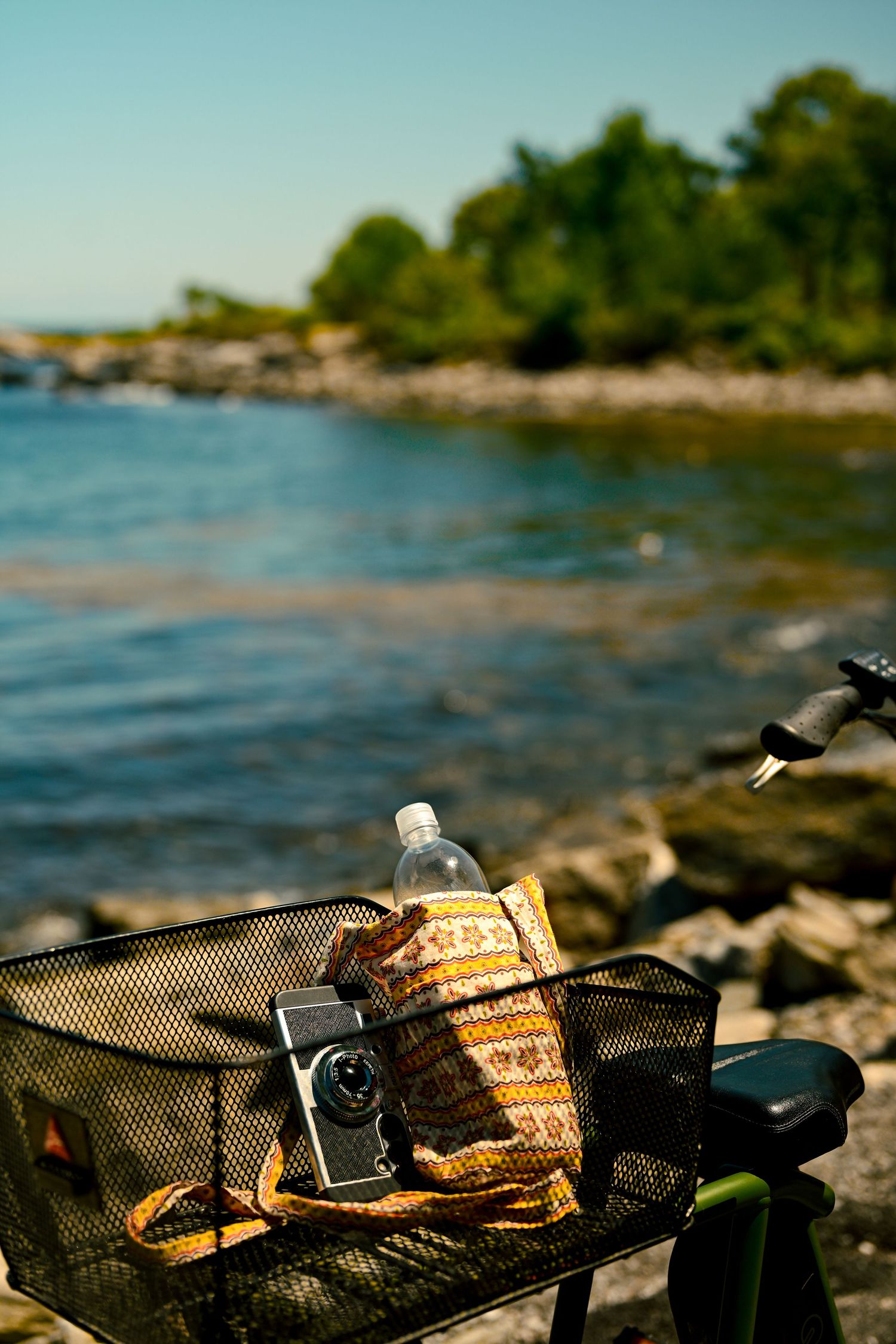 Bicycle basket with vintage camera, woven bag, and water bottle by rocky shoreline with green trees.