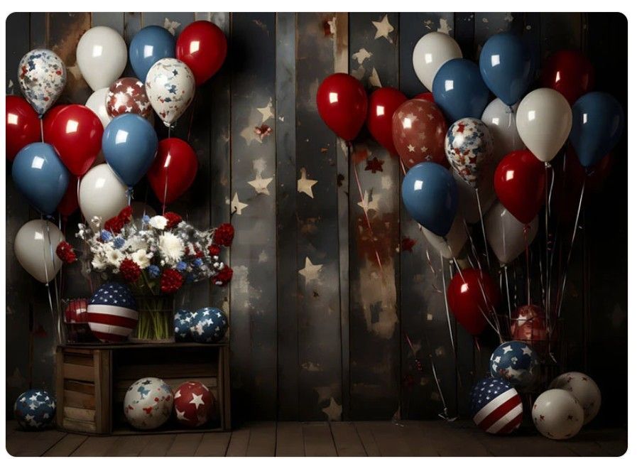 Patriotic red, white, and blue balloons with American flag designs arranged near a rustic wooden backdrop with stars.