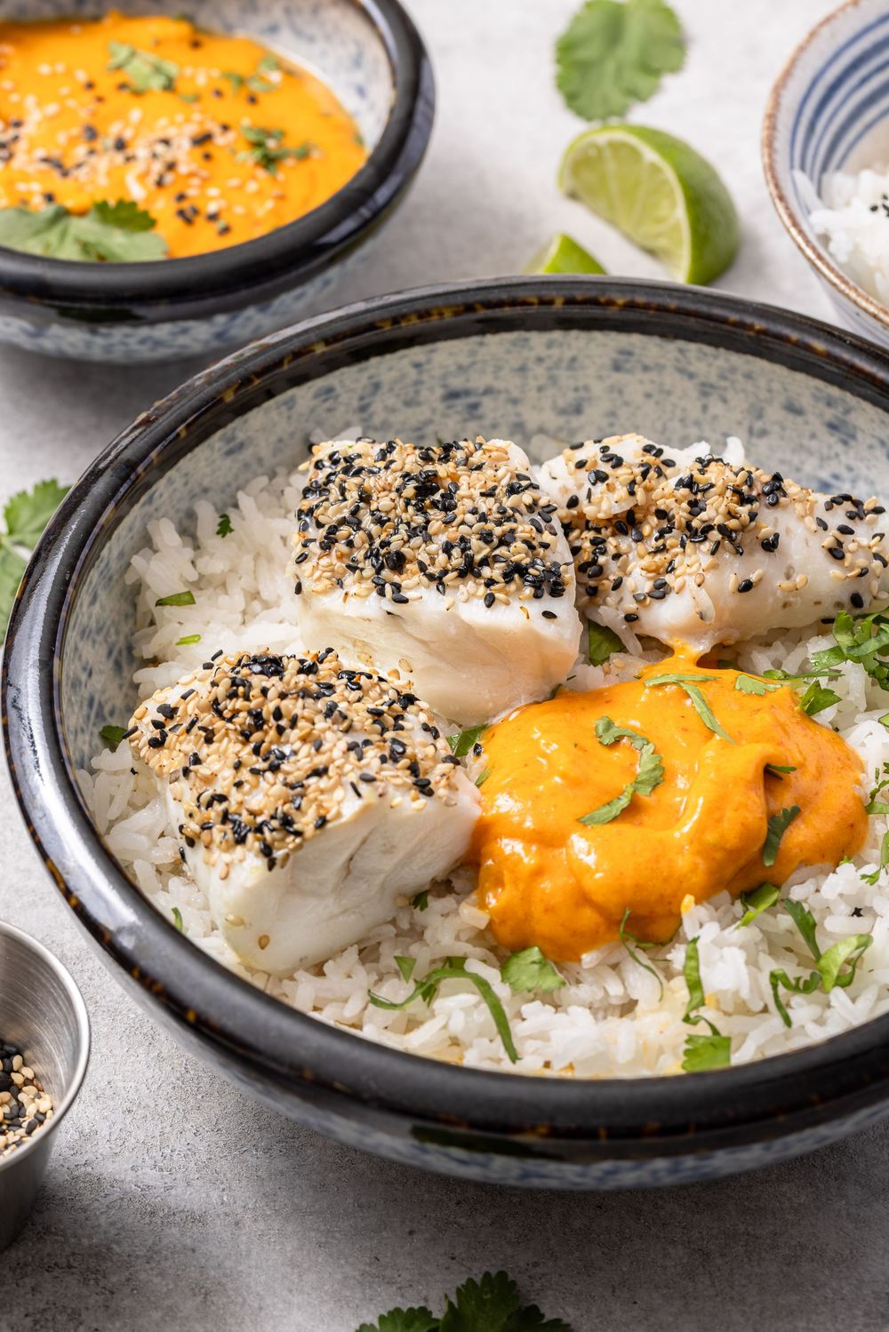 Sesame-crusted cod fillets served over white rice with orange mango sauce and cilantro in a ceramic bowl.
