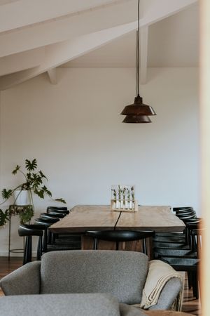 Modern dining room with wooden table, black chairs, pendant light, and green plant in a minimalist interior.