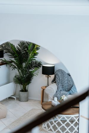 Cozy reading nook with arched mirror, palm plant, black lamp, and draped armchair in a bright white room.
