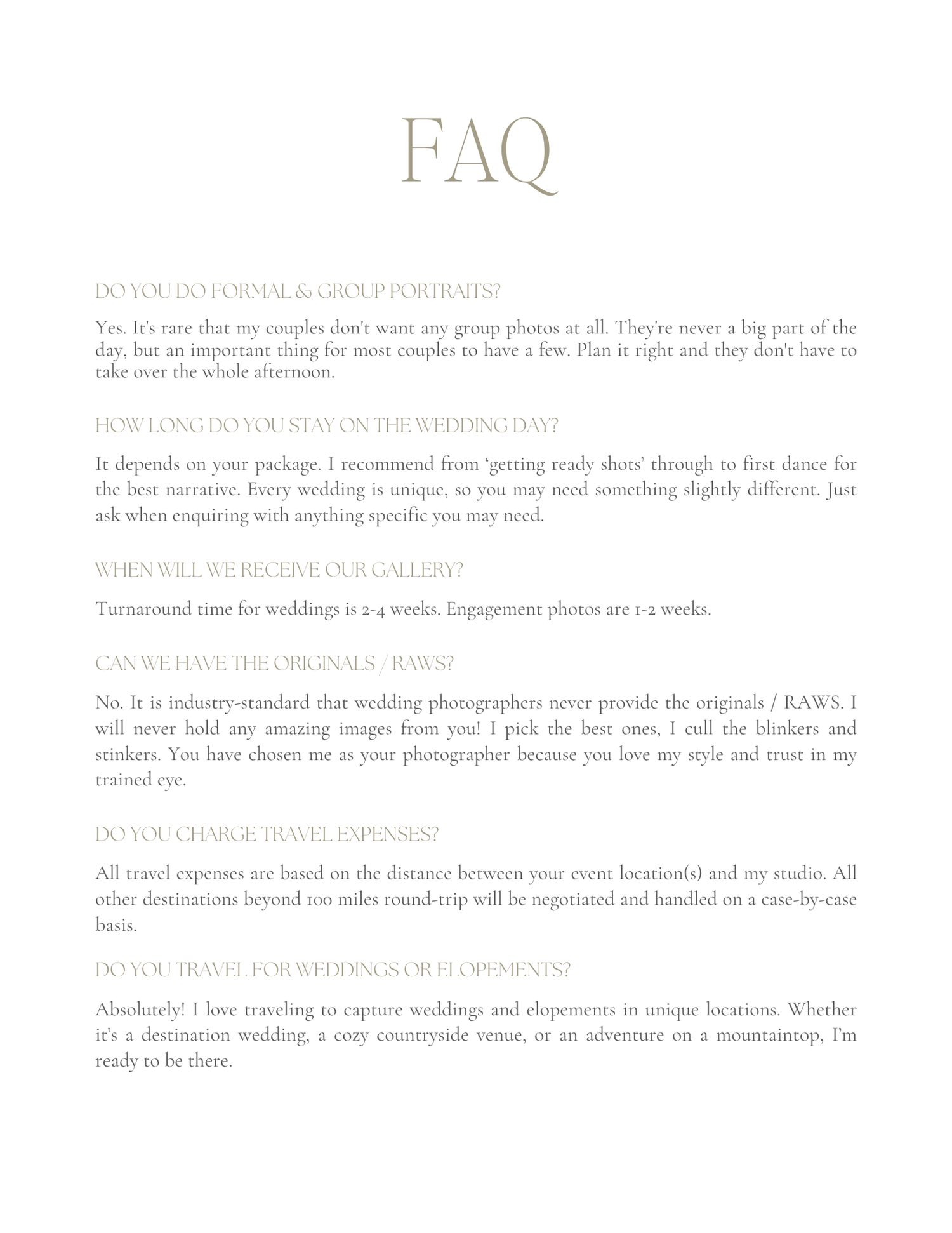 Wedding photography FAQ page with elegant serif font answering common questions about portraits, gallery delivery, and travel expenses.