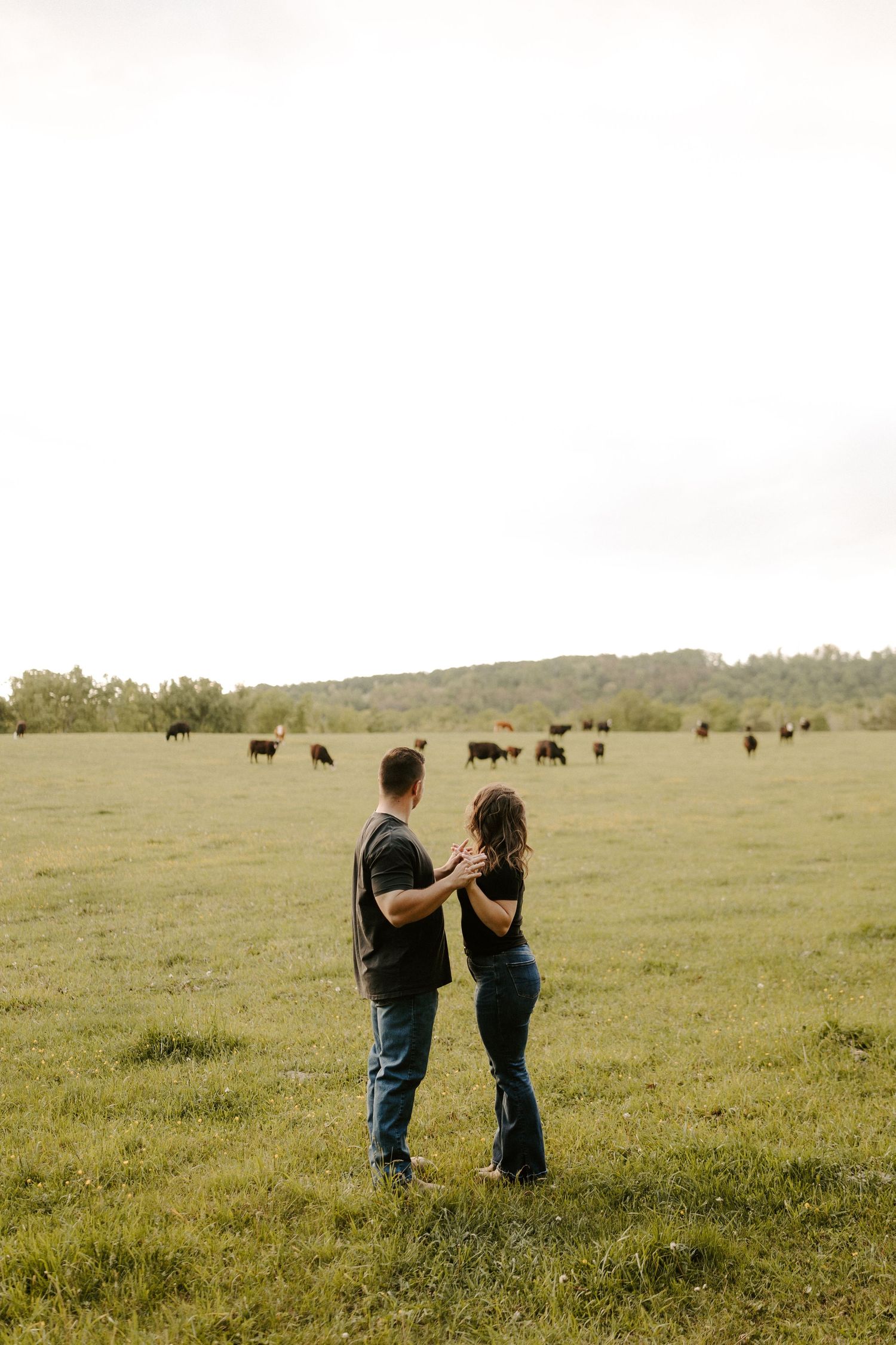 Couple holding hands and dancing in a green pasture with cattle grazing in the background.