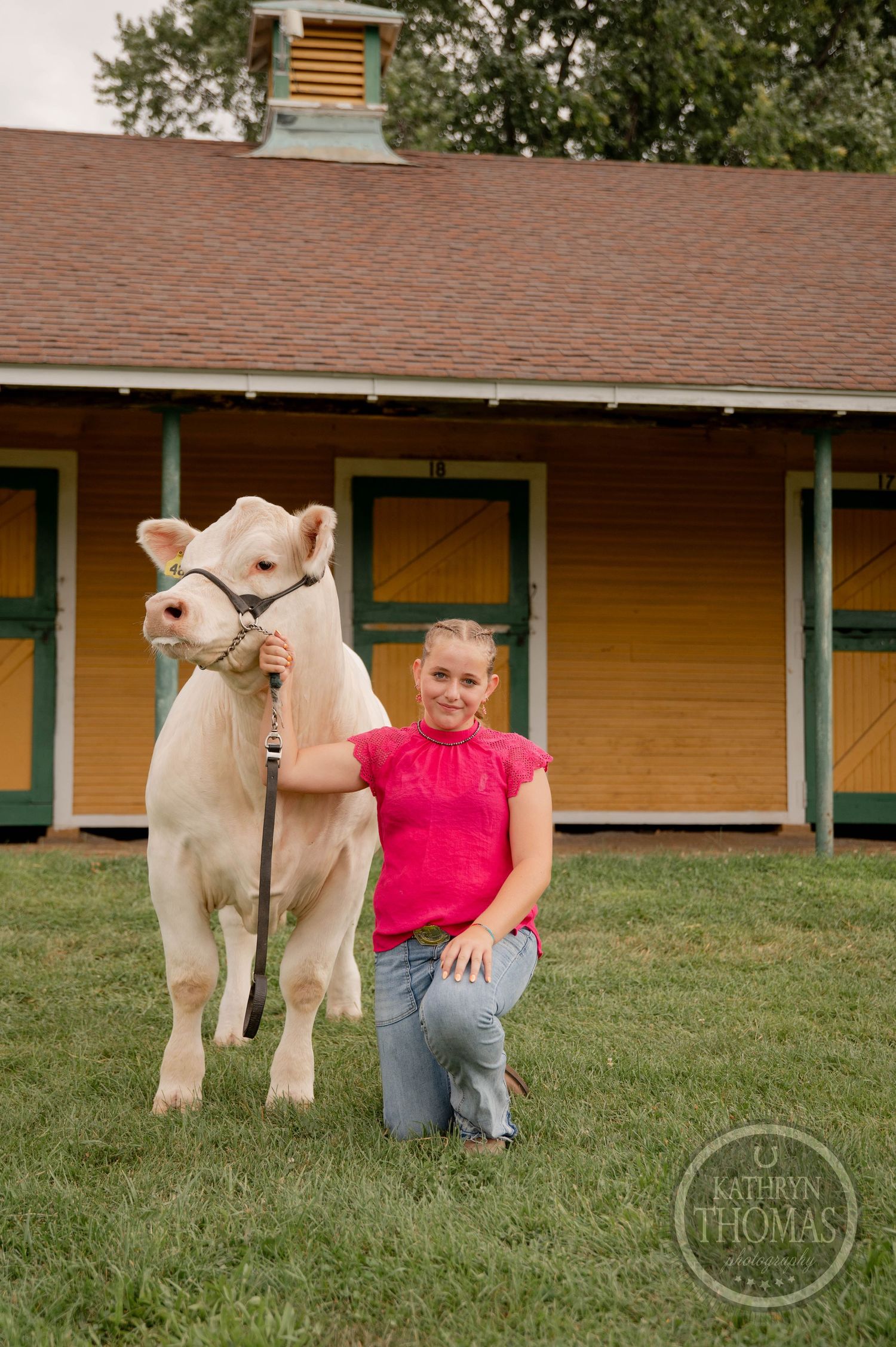 Girl in pink top poses with a pig at a county fair, large Ferris wheel visible in the background.