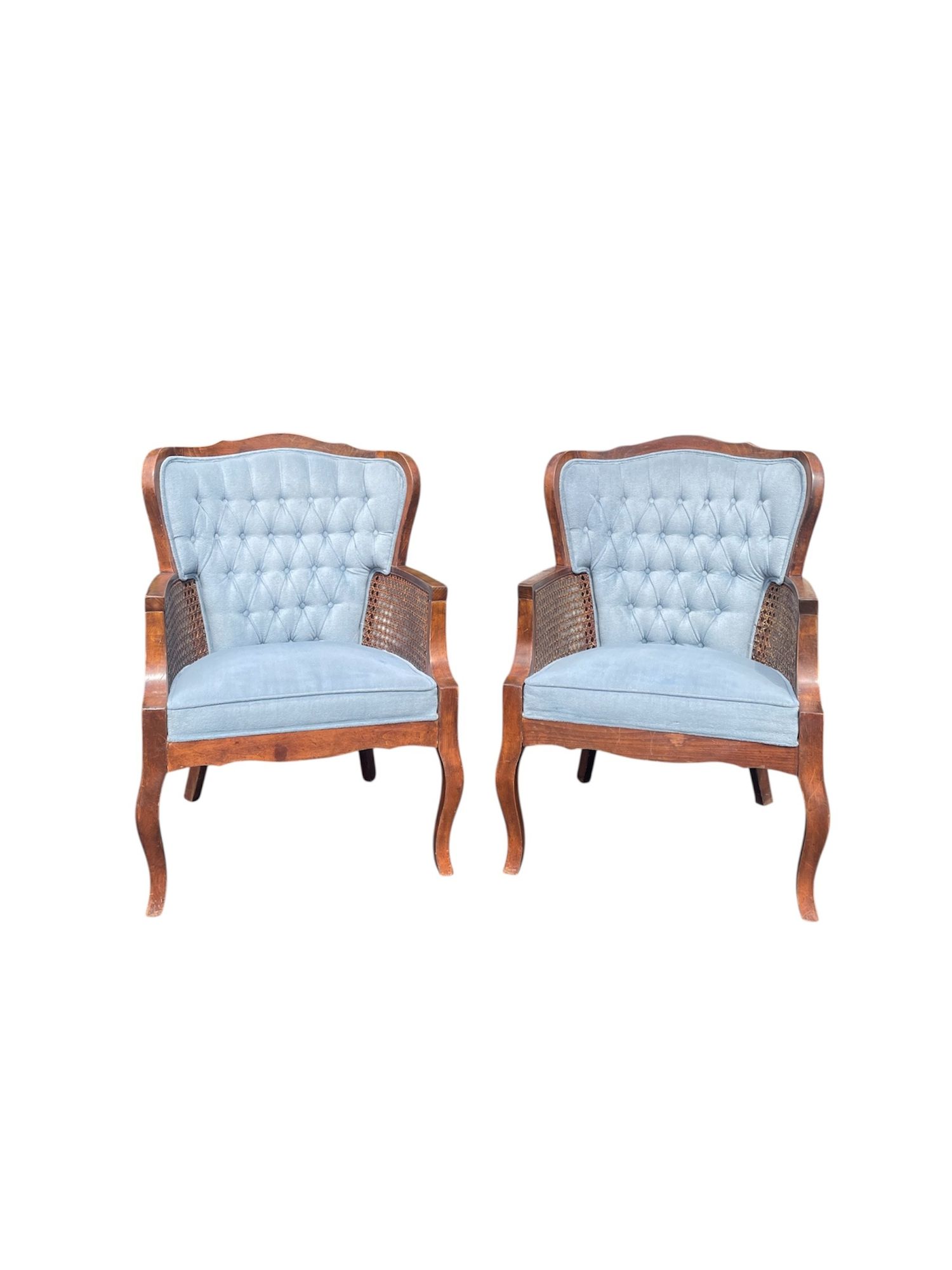 Two vintage red leather armchairs with oval backs sit on grass in a garden setting with trees in the background.