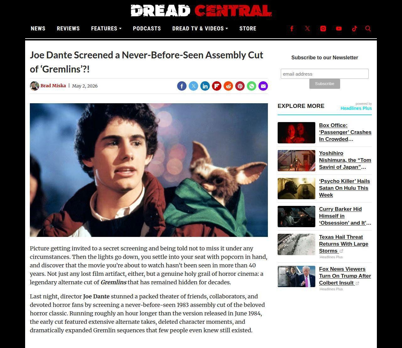 Dread Central website coverage of the Gremlins Rough Cut