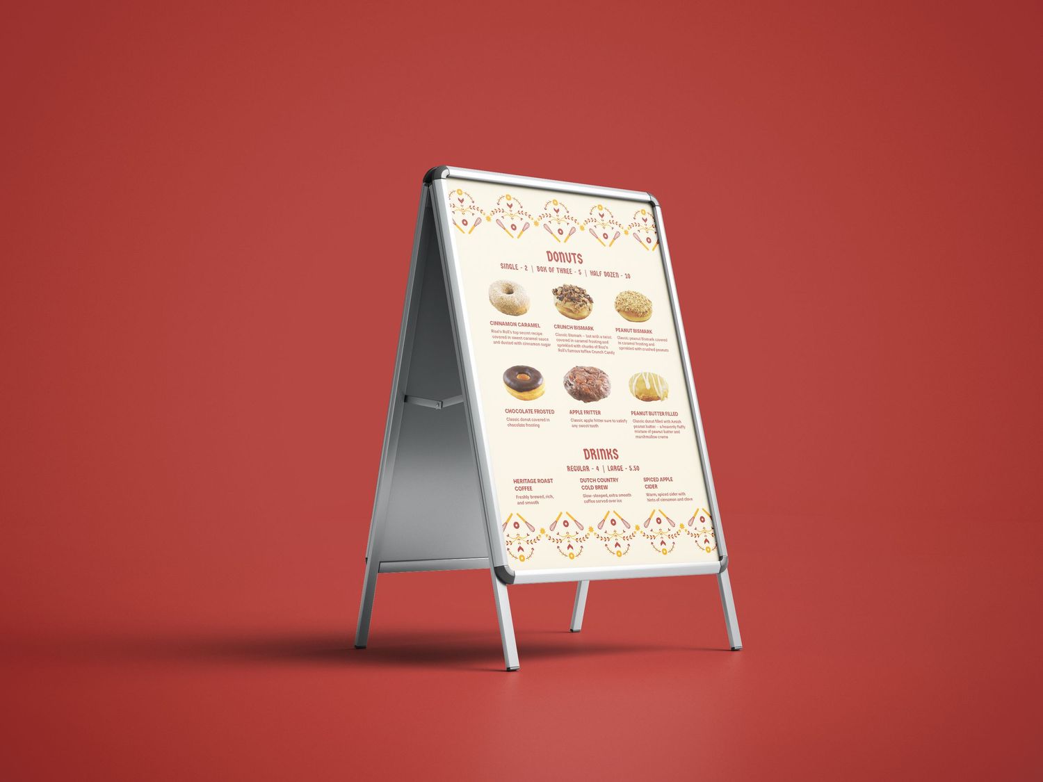 A-frame sidewalk sign displaying a donut shop menu with images on a red background.