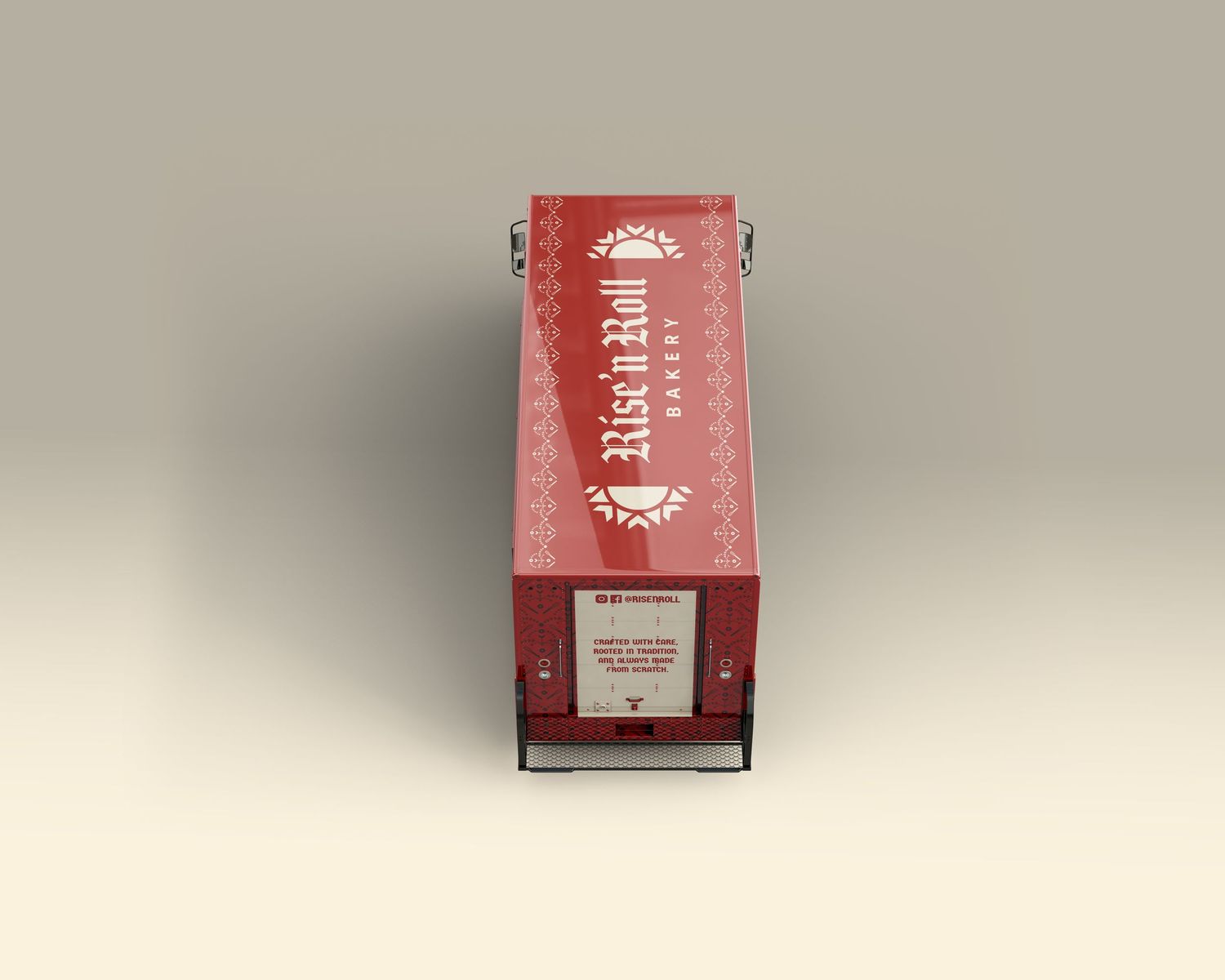 Red Rise n Roll food truck branding box displayed on a neutral background, showcasing logo and promotional text.