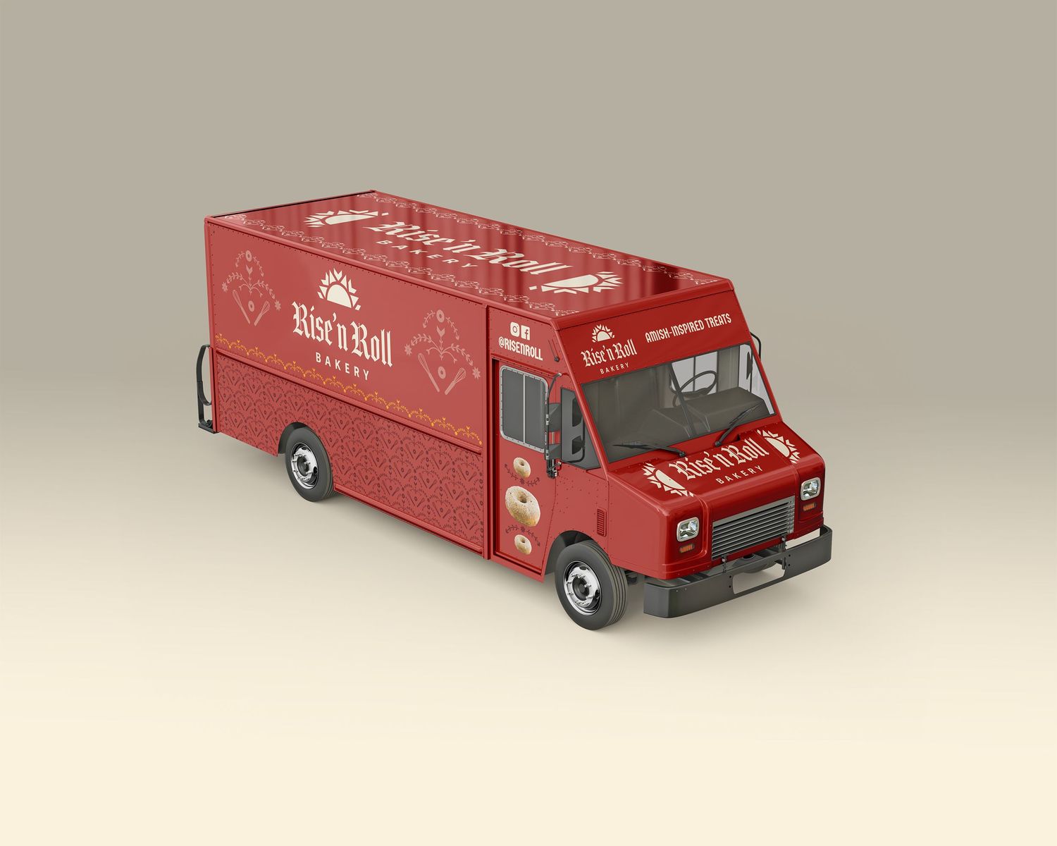 Red Rise n Roll branded food truck vehicle mockup displayed on a light beige background.