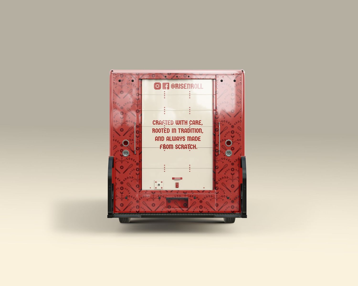 Red branded delivery van rear view with decorative pattern and 'Crafted with care, rooted in tradition' tagline.