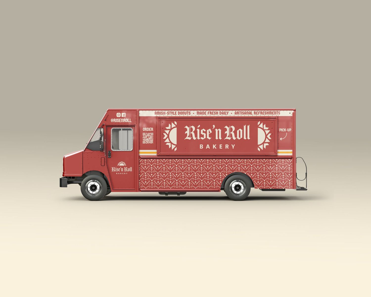 Red Rise 'n Roll Bakery food truck with decorative patterns on a neutral background.