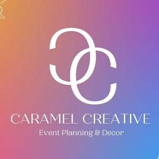 Caramel Creative Event Planning & Decor logo on a colorful gradient background with interlocking CC monogram.