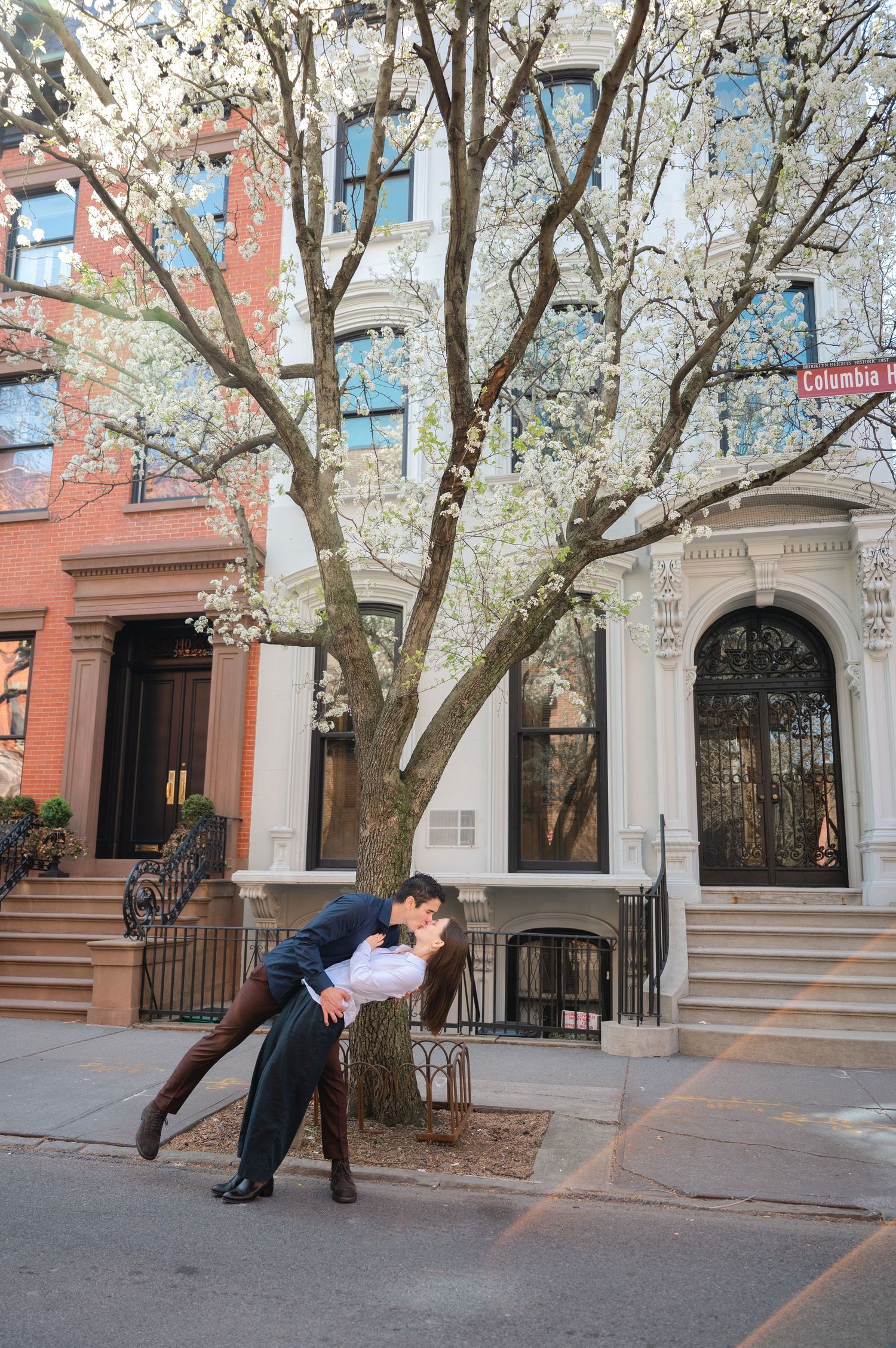 Couple sharing a romantic dip kiss in Brooklyn Heights on a corner beneath a blooming white spring tree with brownstones behind.