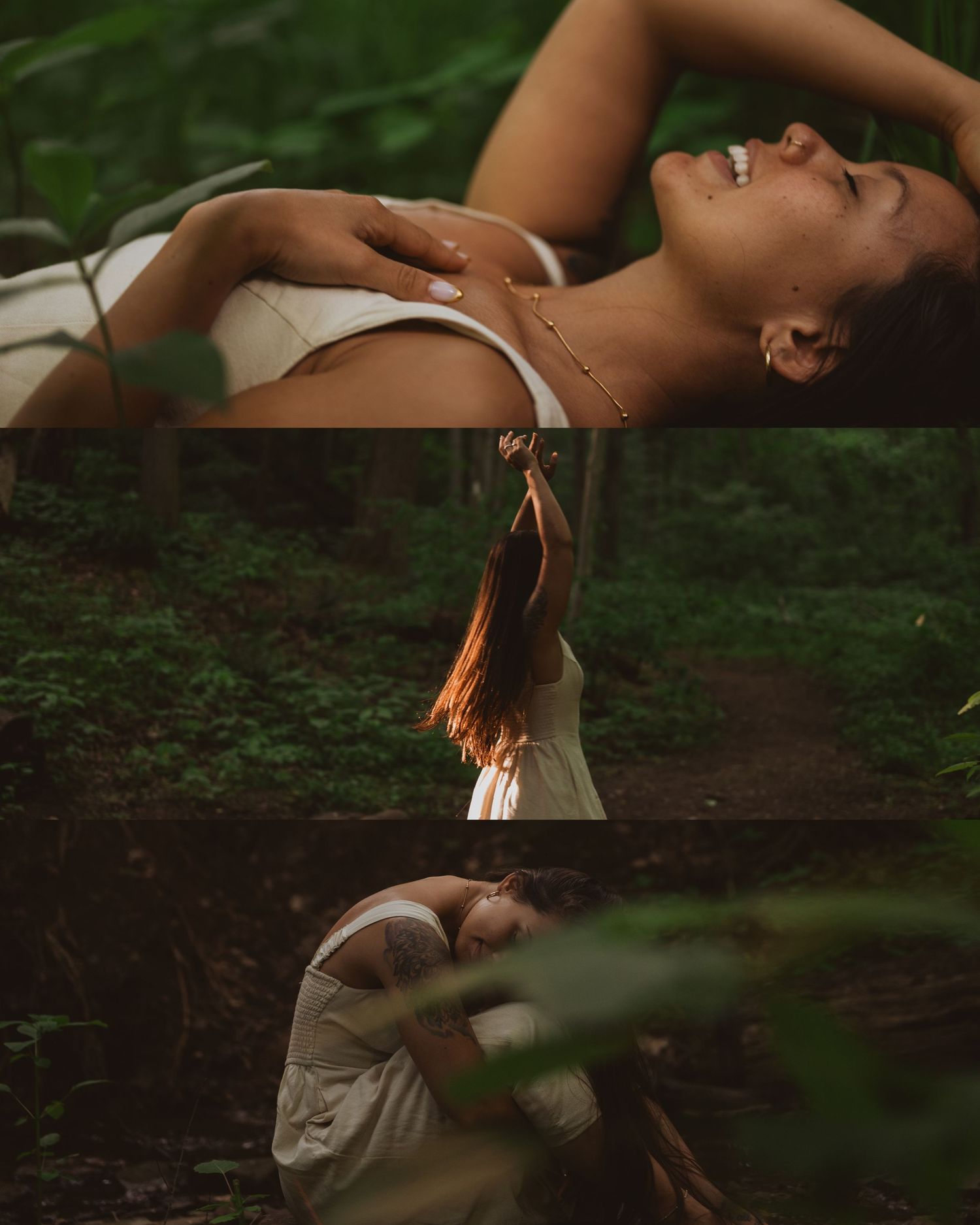 A person wearing a white dress poses thoughtfully in a sunlit forest setting with dreamy golden light streaming through trees.