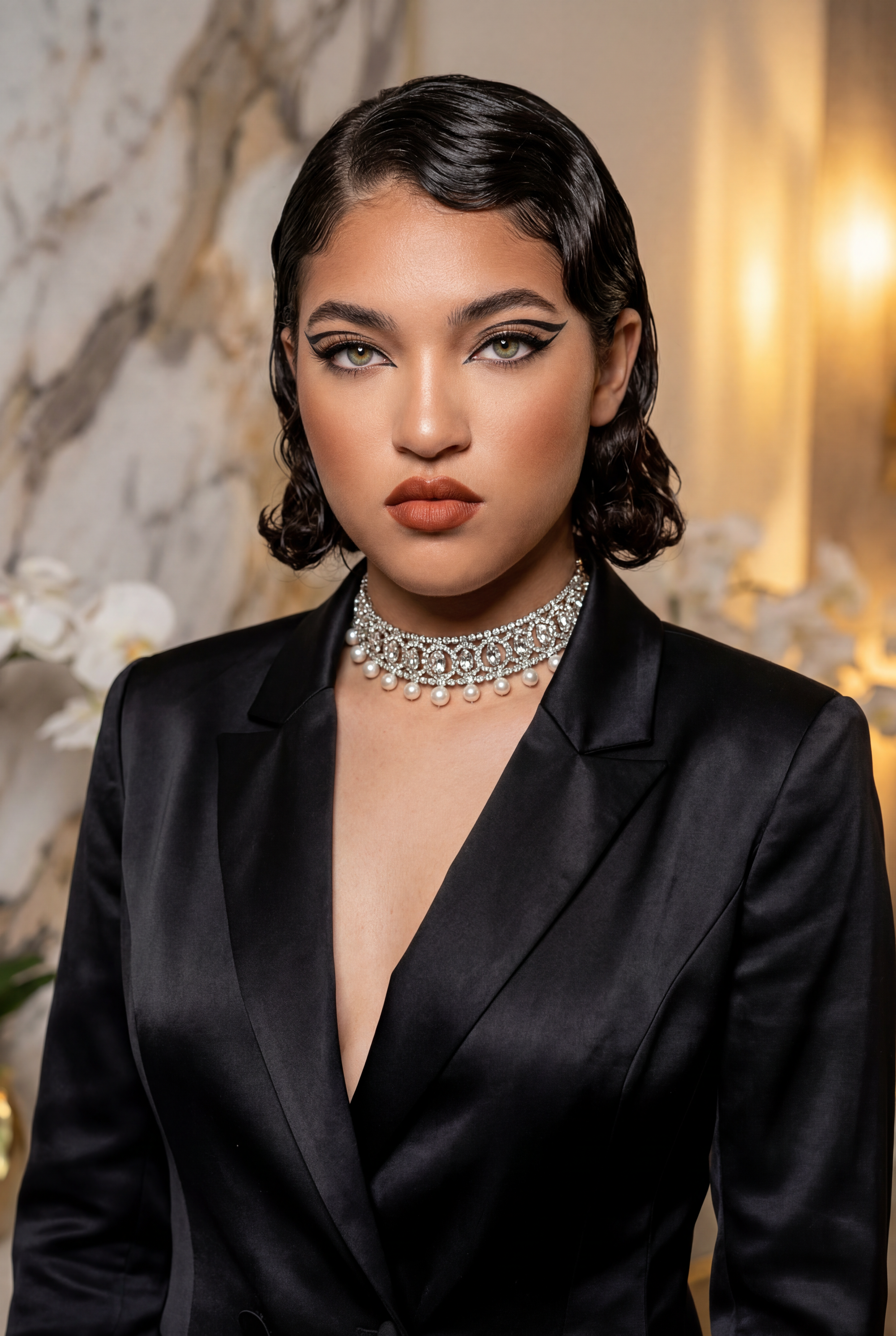 Woman in black blazer with diamond choker necklace, elegant makeup, short curly hair, posing against marble background.