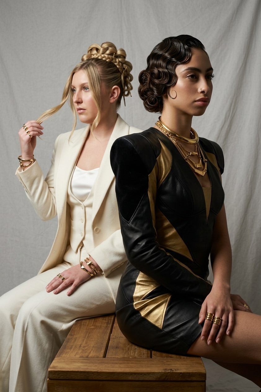 Two women pose back-to-back, one in cream suit, one in black and gold dress, adorned with gold jewelry.