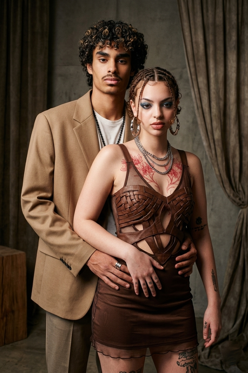A stylish couple poses in a studio, man in beige blazer, woman in brown cutout dress with tattoos and silver jewelry.