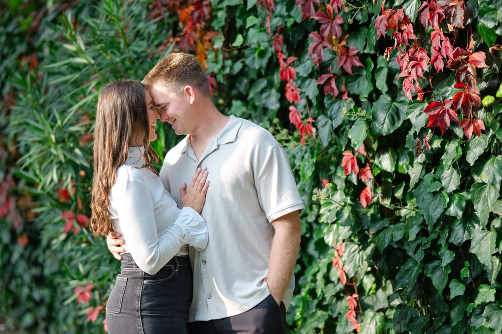 A couple shares a tender moment in front of a vibrant wall of red and green ivy leaves.