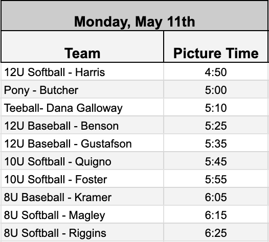 Baseball team photo schedule for Monday May 5th with time slots for different age groups.