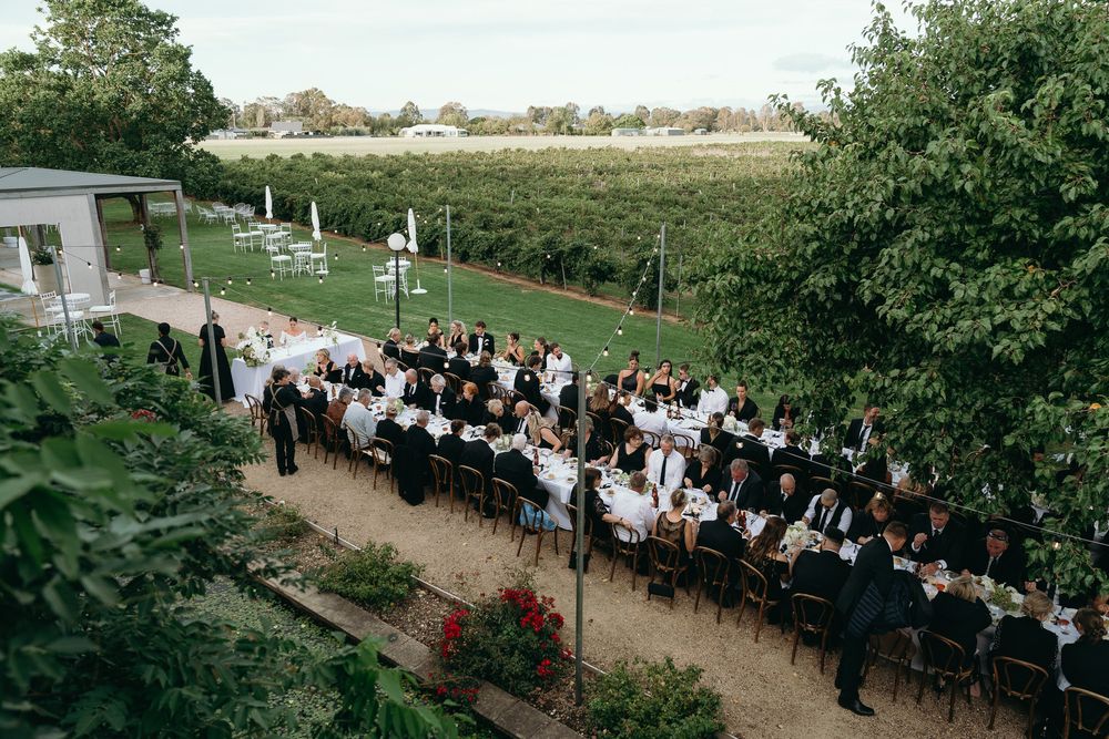 Aerial view of an elegant outdoor wedding reception with long tables set in a lush garden vineyard setting.