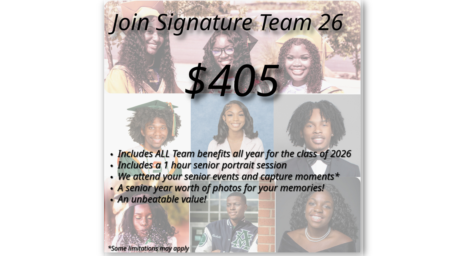 Marketing collage advertising Signature Team 25 membership with price and portrait photos.