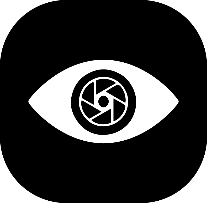 Minimalist black and white icon of an eye with camera lens shutter inside pupil.