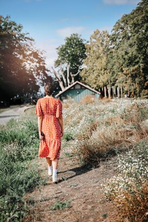 Person in a red dress walking on a path toward a blue cottage surrounded by trees.