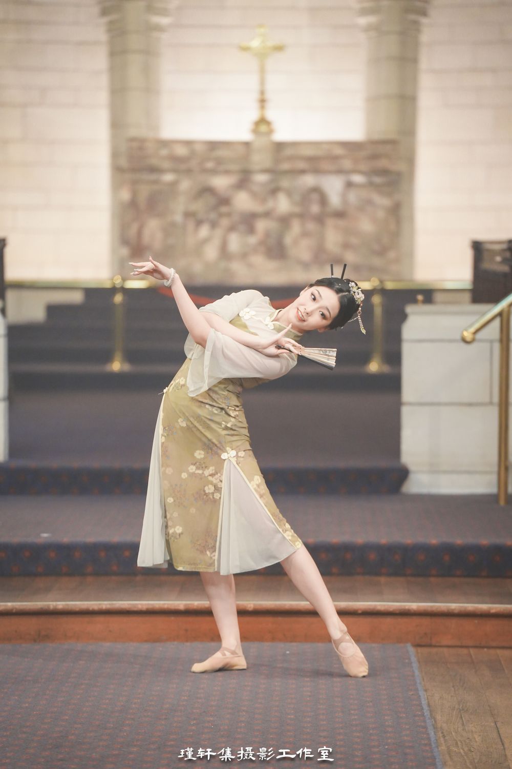 Group of elegant models showcasing beautiful Qipao dresses at a cathedral fashion event, by an Auckland photographer.