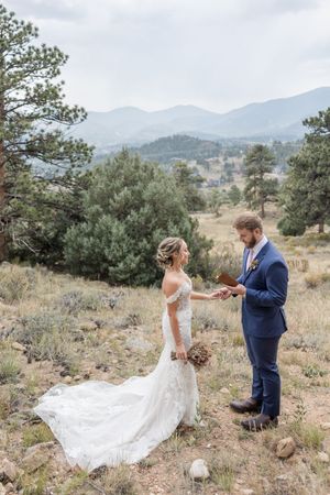 A romantic wedding photo sequence shows a couple in formal attire on a scenic mountain hillside with flowing white dress.