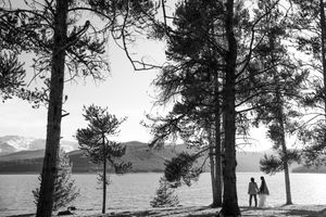 Silhouetted pine trees frame a lakeside mountain vista in black and white.