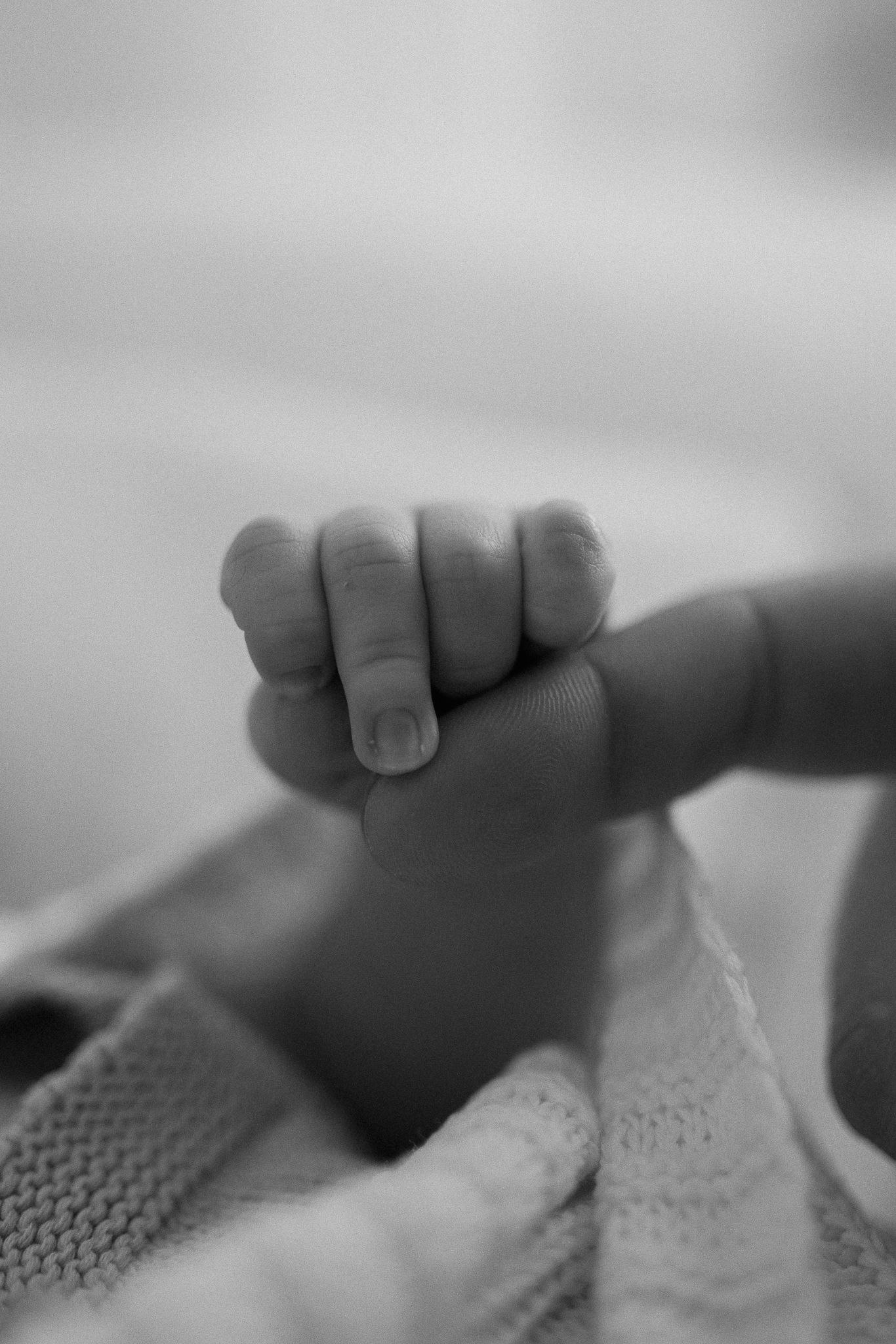 Black and white close-up of a newborn baby's tiny fist grasping an adult's finger, wrapped in a knit blanket.
