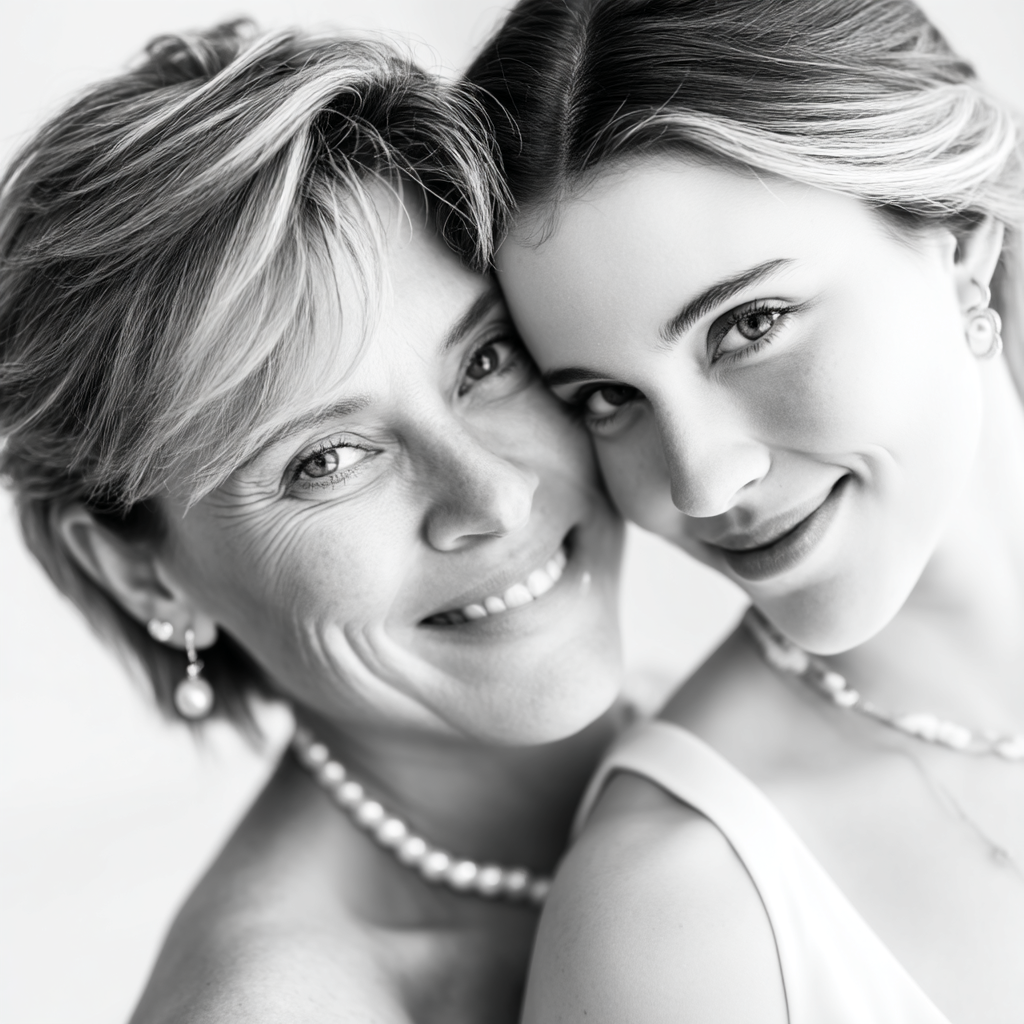Black and white portrait of a younger and older woman in formal wear with pearl necklaces leaning close together and smiling.